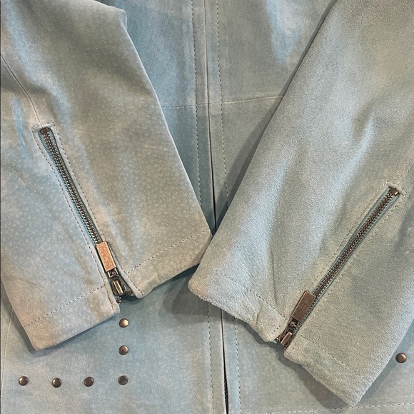 Guillaume Pastel Blue Green Suede Leather Moto Jacket Studded Y2K L - Picture 10 of 10